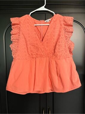 VENUS Coral Eyelet Ruffle Sleeve Peplum Top